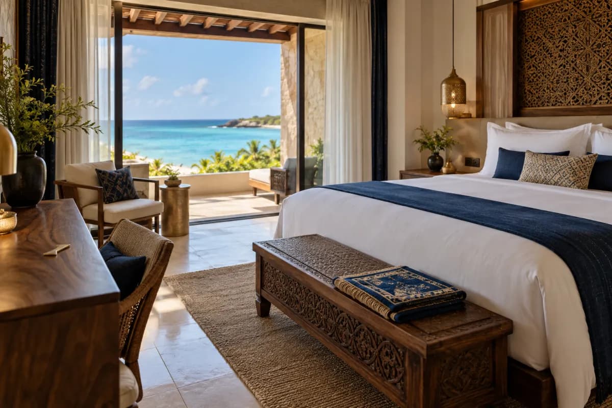 Hotel room with a prayer rug and sea view