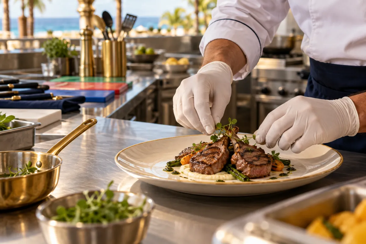 Chef plating in a professional kitchen with color-separated utensils