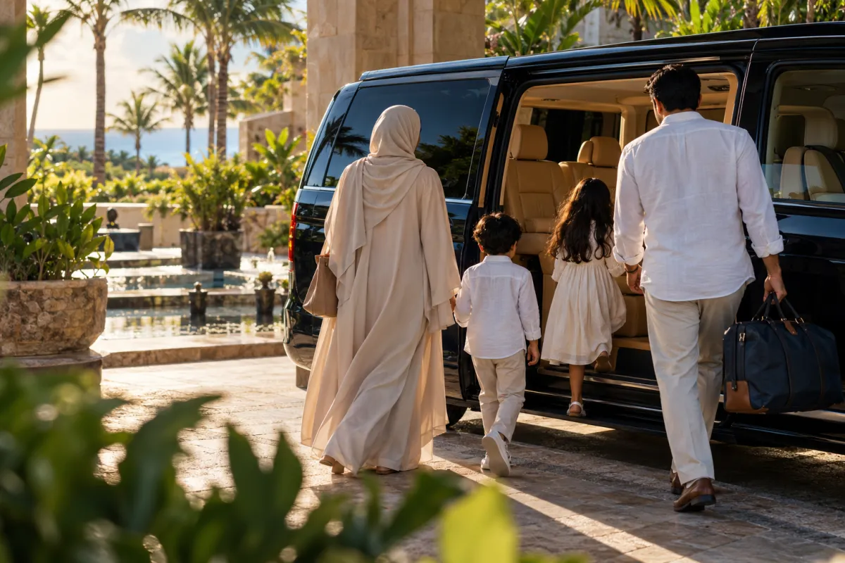 Family boarding a transfer van at a hotel entrance