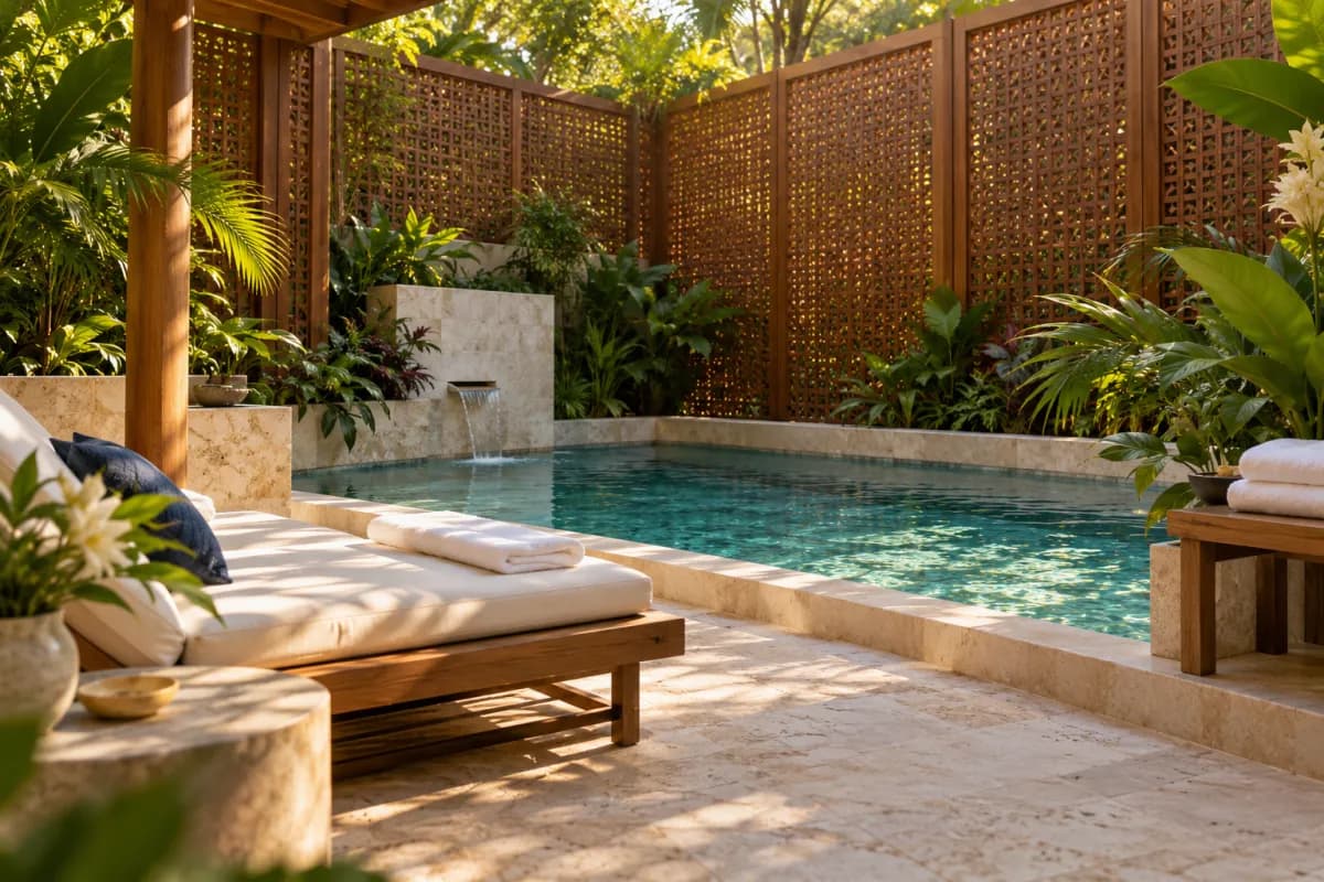 Private spa pool surrounded by wooden lattice screens