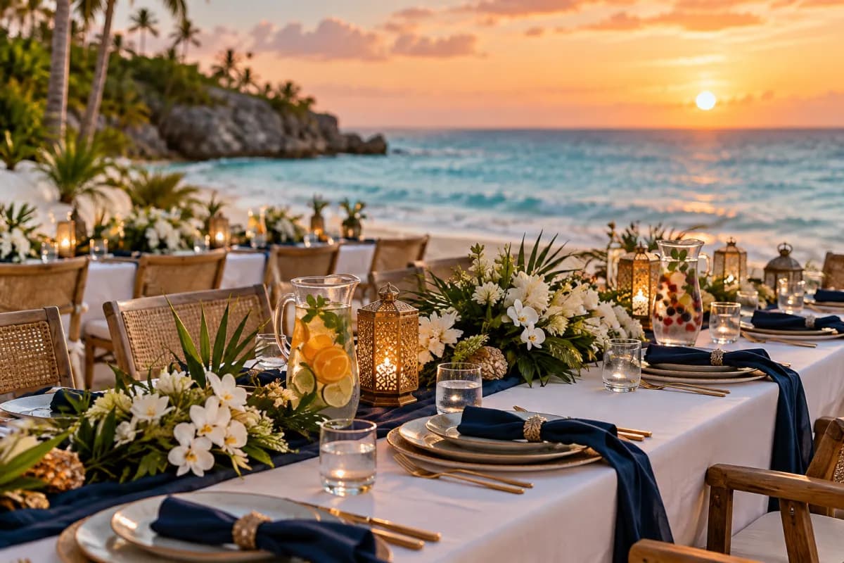 Wedding banquet on the beach at sunset